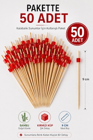 50 Li Kırmızı Küp Bambu Kürdan 9 Cm Parti Davet Kokteyl Kanepe Sunum Kürdanı Organizasyon Sofra Seti