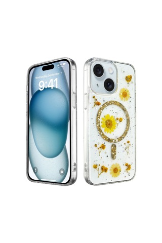 İphone 15 Uyumlu Simli Çiçekli Eşsiz Tasarım A+ Kalite Silikon Kapak - Gold