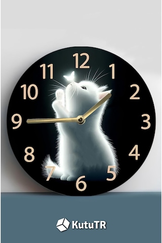 Sevimli Işıltılı Kedi Temalı Mdf Duvar Saati 33 Cm Sdw317 Renkli