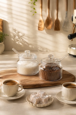 Porsima Lm-0018 Kaşıklı Kapaklı Cam 2li Şekerlik Sunumluk Seti Bal Ve Reçel Kavanozu Saklama Kabı 200ml Cam - Şeffaf