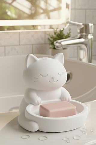 Oxyteez Kedi Figürlü Sabunluk Beyaz Renk Reçine Tasarım Ev Ve Ofis Dekorasyonu