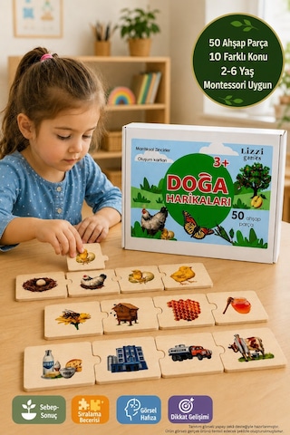 Montessori Ahşap Puzzle Doğa Harikaları 50 Parça Yaşam Döngüsü Sıralama Eğitici Oyun