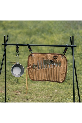 Neevoyu Mumlu Kumaş Çatal Bıçak Seti Çantası - 11 Parça Paslanmaz Çelik Kamp Ve Piknik Ekipmanı Sarı