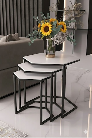 Vatoz Altıgen Siyah Metal Beyaz Mdf Tablalı 3lü Zigon Sehpa Beyaz
