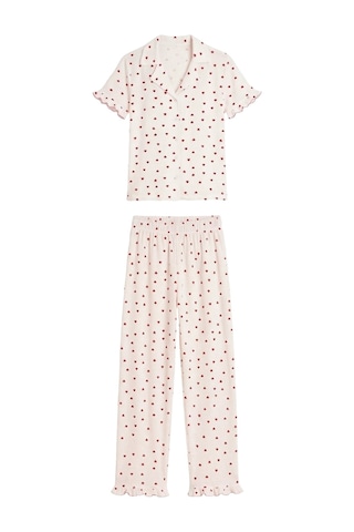 Cottonhill Krem Kalp Desenli Bürümcük Gömlek Yaka Kadın Pijama Takımı