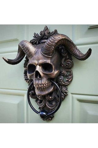 Pazly Şeytan Boynuzlu Kafatası Asılı Tokmağı, Ağır Hizmet Gotik Ev Dekorasyonu, Reçine, Bronz, 10.5x3x13cm