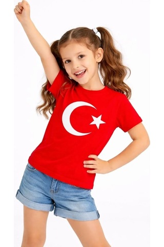 Mzpkartan Kız Çocuk Tişört Bisiklet Yaka Ay Yıldız Bayrak Baskılı T-shirt - Kırmızı