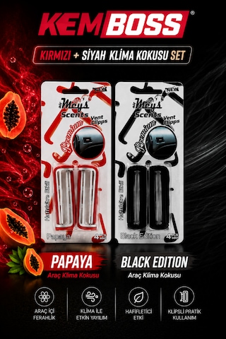 Kemboss Siyah Kırmızı Oto Klima Kokusu 2'li Set Papaya Black Edition Araç Kokusu Kırmızı - Siyah Set