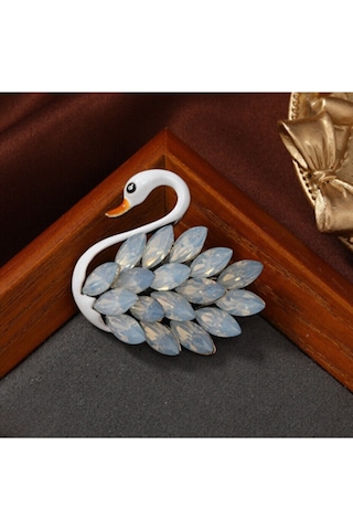 Mekik Taşlı Mineli Kuğu Broş-4.5 Cm Beyaz