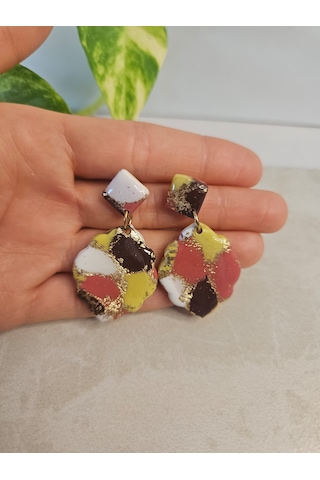 El Yapımı Polimer Kil Küpe - Paslanmaz Çelik Aparatlı Altın Varaklı Çok Renkli Çiçek Formlu Sallantılı Küpe Rose Gold