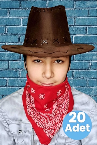 Uniquetrenders Çocuk Unisex Bandanalı 20'li Nubuk Kovboy Şapkası 8-14 Yaş Kahverengi 2