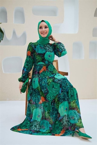 Neşeli Butik Kadın Yeşil Kemerli Tesettür Şifon Elbise Sms025 Yeşil