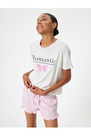 Koton Şortlu Pijama Takımı Fiyonk Baskılı Fırfır Detaylı Pembe 4slk40152mk Gül