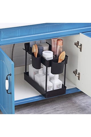 Reedark 2 Katlı Lavabo Altı Organizatör - 2 Bardaklık İle Dayanıklı Mutfak & Banyo Düzenleyici Siyah