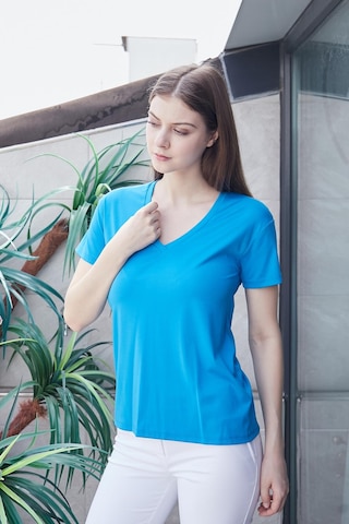 Jument Kadın V Yaka Kısa Kol Likralı Span Kumaş Şık T-shirt Bluz-mavi Mavi