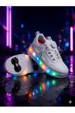 Elit Eyl034 Erkek Çocuk Rgb Led Işıklı Çıkarılabilir Tekerlekli Paten Ayakkabı Beyaz