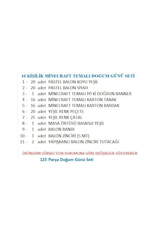 16 Kişilik Minecraft Temalı Doğum Günü Seti