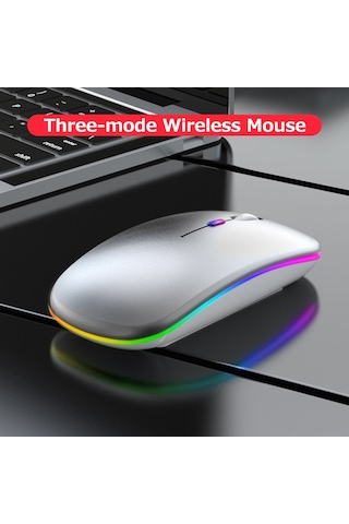 Lemestar Optik Kablosuz Fare, 2.4g+bt3.0+bt5.2 Üçlü Bağlantı, Led Işıklı, Sessiz, Ergonomik, 500mah Pil, Gümüş Type-c Adaptörü İle Optik