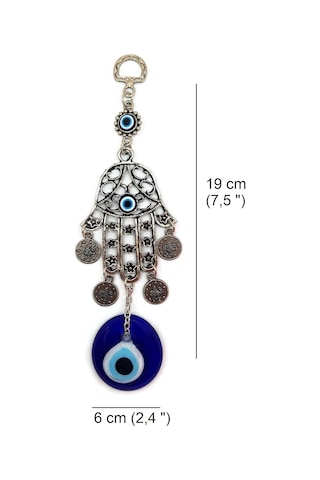 Fatma Eli - Hamsa Metal Duvar Süsü Cam Nazarlık Sallantılı 20x6cm