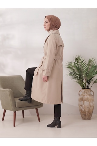 B.he.z Kruvaze Yaka Bondik Su İtici Kumaş Astarlı Trend Model Diz Altı Trençkot Taş