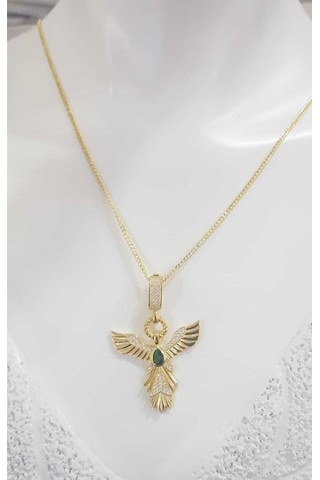 Zümrüdü Anka Kuşu Altın Tasarım 925 Gümüş Işıklı Kutuda Kolye Çağla Kolye Serenay Choker Chain