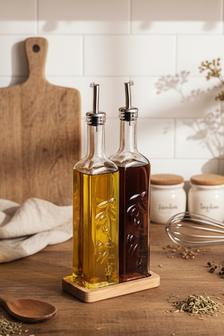 Snippy Safir - 2'li Ahşap Standlı Cam Zeytinyağı Sıvıyağ Şişesi Yağdanlık Damlatmaz Yağlık Sirkelik Soft 500ml Ahşap