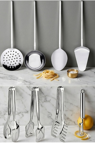 8 Parça Paslanmaz Çelik Mutfak Seti Spatula Maşa Kepçe Yan Soyacak Servis Aletleri Çeyiz Seti