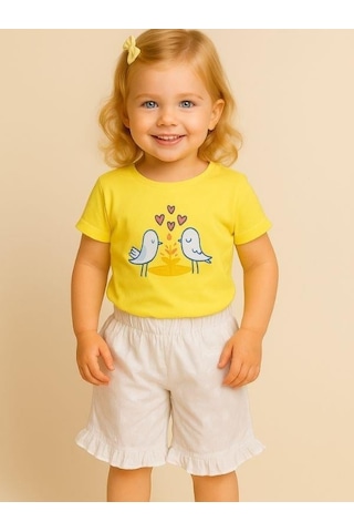Kız Bebek Kuş Desenli Pamuklu Şortlu Takım-16072 Sari