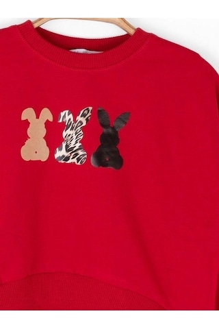 Kız Çocuk Pamuklu Orta Kalınlık Tavşan Baskılı Sweatshirt-14716 Kırmızı