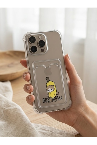 Apple Uyumlu iPhone 16 Pro Max Boş Yapma Muz Detaylı Kart Bölmeli Şeffaf Telef