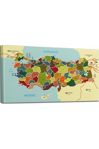 Doğaltercih Türkiye Haritası Kanvas Tablo İl ve İlçeli Ayrıntılı Eğitici-Öğretici Komşulu Dekoratif Tablo 3000