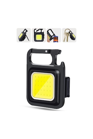 4 Mod Şarjlı Anahtarlık El Feneri Mini Boy Karabina Askılı Cob Led Lamba Acil Durum Işığı 47741 Siyah