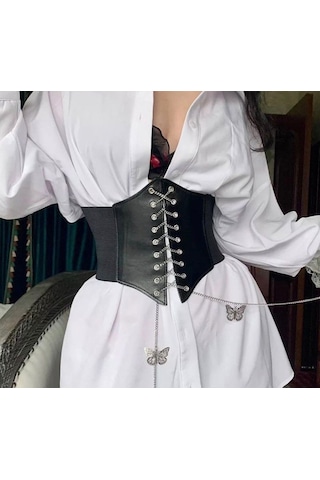 Fashion Moon Gothic Kalın Korse Model Kelebek Uçlu Zincirli Yedi Sıralı Zımbalı Kemer Siyah
