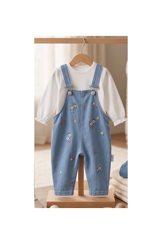 Altıntaş Baby Renkli Çiçek Nakışlı Kot Görünümlü Örme Kumaş Mevsimlik 2li Salopet Set Mavi Beyaz Mavi Beyaz
