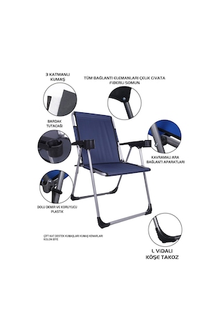 Alin Metal Kamp Sandalyesi 4''lü Lüks Bardaklı Kamp Sandalyesi Ve Masa Set Fre-01 Lacivert Lacivert