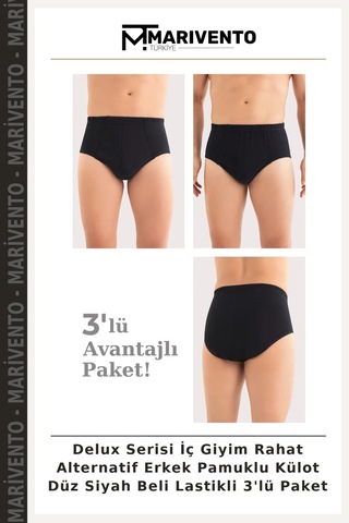 Marivento Delux Serisi İç Giyim Rahat Alternatif Erkek Pamuklu Külot Düz Siyah Beli Lastikli 3'lü Paket Siyah-3