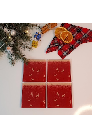 Decorita Cam Bardak Altlığı YeniYıl Kırmızı 5'li Geyik 4'lü Takım Kırmızı