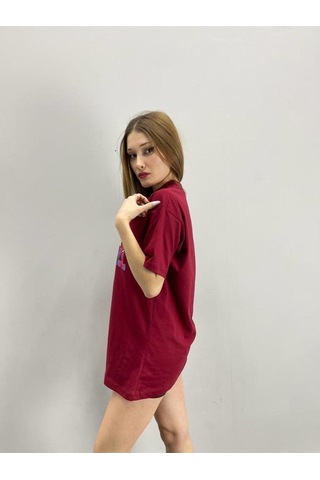 Flood Of Style Kadın Bordo Marvel Baskılı Oversize Bisiklet Yaka Tshirt