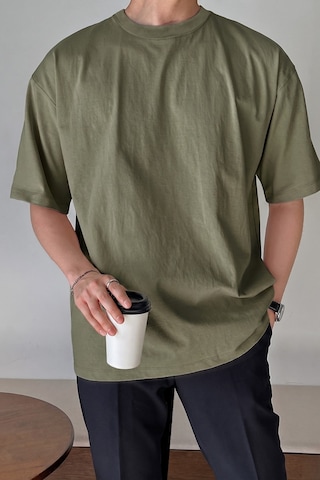 Genius Store Erkek Oversize Tişört Pamuk Kumaş Bisiklet Yaka Rahat Kalıp T-shirt Haki