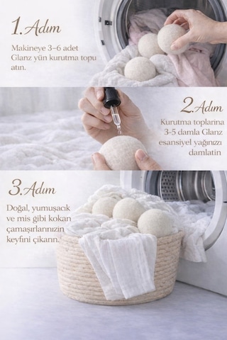 Glanz 3 Adet Yün Keçe Çamaşır Kurutma Topu 7 - 8 Cm + 30ml Esans Koku Hediye - Doğal Ürün Açık Bej