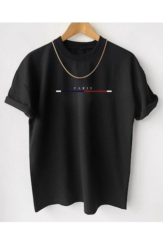 Hırsch Unisex Siyah Bisiklet Yaka Çizgili Paris Baskılı T-shirt SIYAH