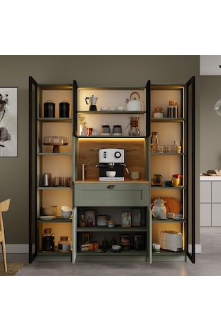 Nero Duo Kahve Köşesi Ve Kiler Dolabı Alüminyum Çerçeveli Cam Kapaklı Led Aydınlatmalı 190 X 160 Cm Yeşil