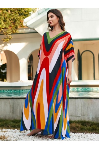 Edolynsa Büyük Beden Kaftan Turuncu Siyah Kırmızı Çizgili Yaz Uzun Plaj Gömlek Elbise Kadın Ev Giyim Kıyafeti Mayo Örtü Bol Kaftan Çok Renkli