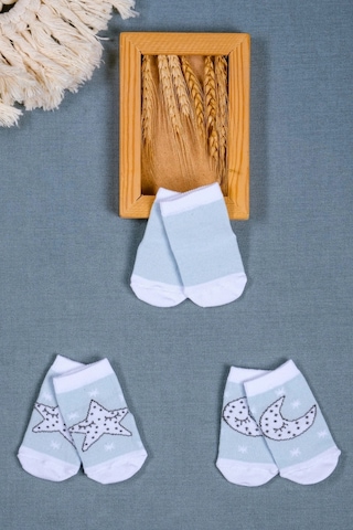 Cocole Socks Erkek Bebek Soket Çorabı 3 Lü Set Pamuklu Açık Mavi Ay & Yıldız Desenli Çok Renkli