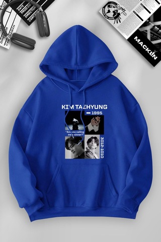 Macklin Unisex Kadın Erkek Kim Taehyung Bts Özel Tasarım Baskılı Kapşonlu Sweatshirt Mavi Mck1048 Mavi