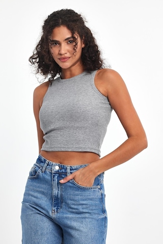 Comeor Kadın Gri Fitilli Görünümlü Askılı Kalın Esnek Örme Basic Crop Atlet Bluz Cmrb93
