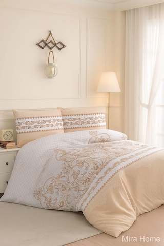 Çift Kişilik Pamuklu Nevresim Takımı Sarmaşık Bej Bej