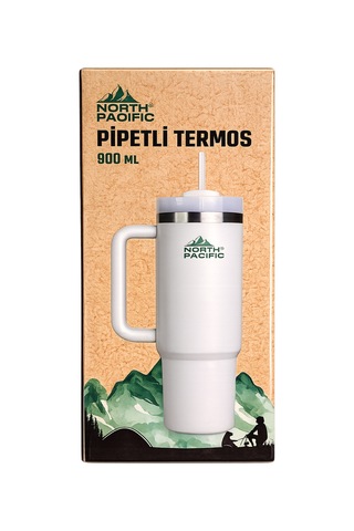 North Pacific 900 Ml Pipetli Termos Bardak Beyaz Paslanmaz Çelik Çift Katmanlı Vakumlu Seyahat Kupası Beyaz