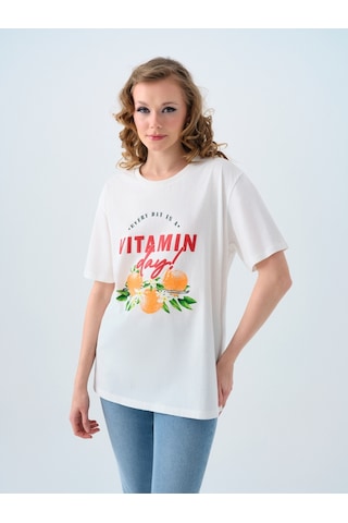 Oversize Kadın Tshirt K.kol Ekru