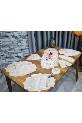 Çeyiz Diyarı Fiyonk Nakışlı 19 Parça Amerikan Servis Seti Krem Ca Krem Cappucino